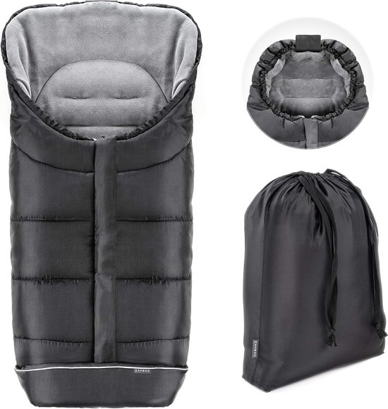 Wintervoetenzak voor kinderwagen, sportwagen en buggy met anti-slipbescherming, zachte luxe thermo-fleece, mummiecapuchon, reflecterende strepen en tas, zwart-grijs, zwart grijs, voetenzak