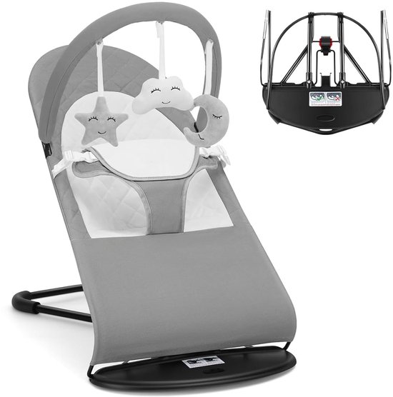 Wipstoel - Bouncer - Babywipstoel opvouwbaar - Baby Swing- 3 rugstanden - 3-puntsgordel - speelboog met 3 knuffels - afneembare wasbare katoenen hoes - tot 15 kg - lichtgrijs