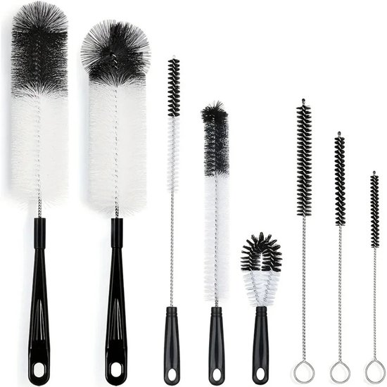 WiseGoods Premium 8 Flessen Reinigingsborstels Set Zwart - Multifunctionele Borstels - Schoonmaken Flessen / Deksels / Rietjes