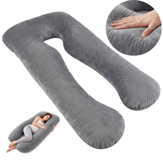 Wishdor Zwangerschapskussen - U-vormig lichaamskussen met afneembare hoes - Ondersteuning voor buik en rug - Voor zijslapen en borstvoeding - Fluweel - Grijs - L 140 x B 80 cm