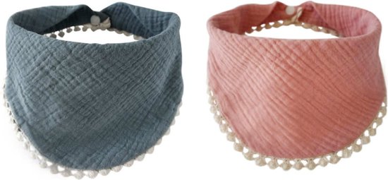 Without Lemon - Hippe Slabbetjes met Franjes - Hydrofiel - Katoen - Set van 2 stuks - Verstelbaar - Sweet Pink and Blue van Without Lemon
