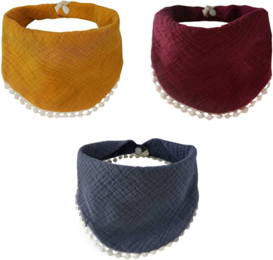 Without Lemon - Hippe Slabbetjes met Franjes - Hydrofiel - Katoen - Set van 3 stuks - Verstelbaar - Neutral Dark van Without Lemon