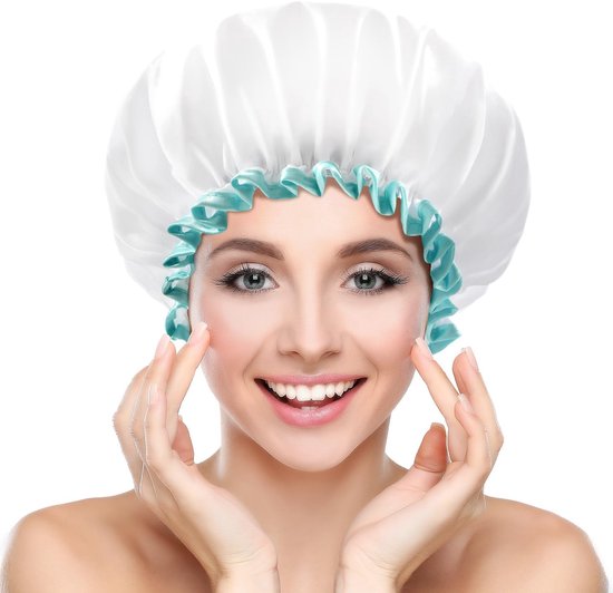 Witte douchemuts voor dames en meisjes, dubbel waterdicht, herbruikbaar, wasbaar, super schattig en zacht, comfortabel