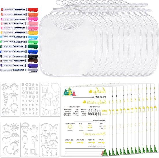 Witte slabbetjes om te schilderen - Set van 12 stuks inclusief textielmarkers, sjablonen en voorspellende kaarten van Witt