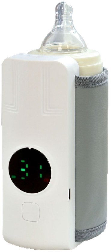 Witte USB babyfles verwarmhoes met klittenband en digitaal display, instelbaar van 30°C tot 55°C, draagbare constante warmte fleswarmer voor reis, auto en thuisgebruik