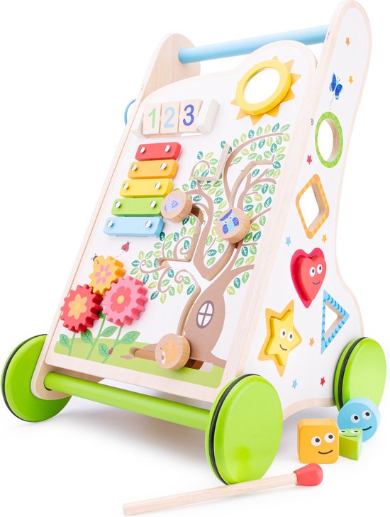 Woet® Houten Activiteiten Loopwagen - Duwwagen met Vormen, Muziek en Spelletjes - Babywalker - Vanaf 1 Jaar