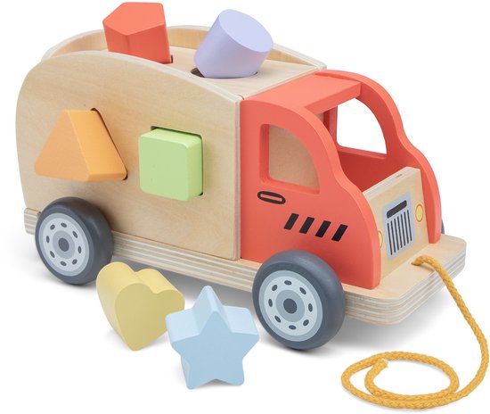 Woet® Houten Vormentruck - Sorteerwagen met Vormblokken - Trekfiguur en Vormenstoof in één - Educatief Speelgoed - Montessori Speelgoedvoertuig - Vanaf 1 Jaar van Merkloos
