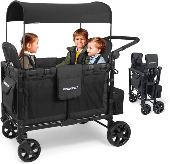 WonderFold W4 Elite Bolderkar - Kinderwagen voor 4 kinderen – Opvouwbaar - Zwart (136kg Draagvermogen) van Merkloos