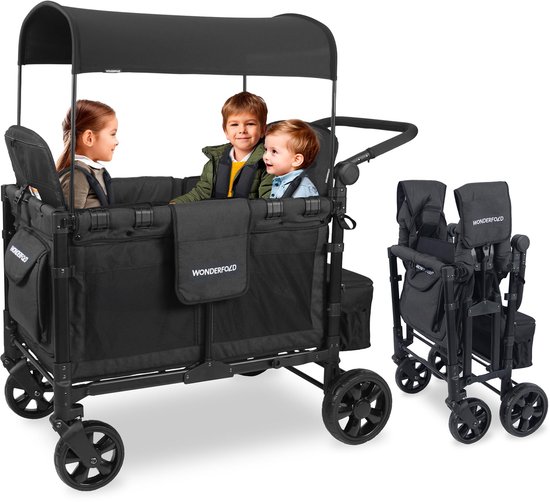 WonderFold W4 Elite - Bolderkar - Kinderwagen voor 4 kinderen – Opvouwbare Bolderkar - Volcanic Black (136kg Draagvermogen) van Merkloos