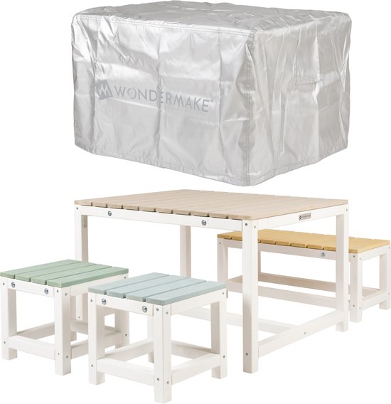WONDERMAKE® Design kinderzitgroep buiten tuin hout met hoes, kinderzitgroep binnen picknickgroep vanaf 3 jaar, wit kleurrijk van WONDERMAKE