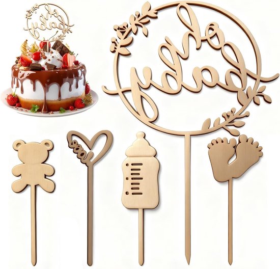 Wooden Baby Shower Cake Topper Set, Decorative Cake Decoration for Gender Reveal and First Birthday, with Cute Bear and Baby Figures, Natural Wood Color