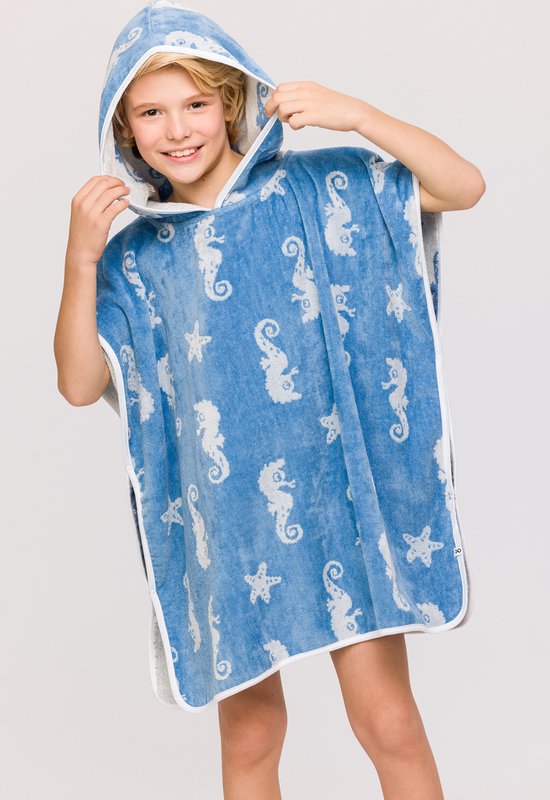 Woody badcape unisex - blauw - zeepaardjes all-over print - 241-10-BCA-B/918 - maat 92-116 van Woody