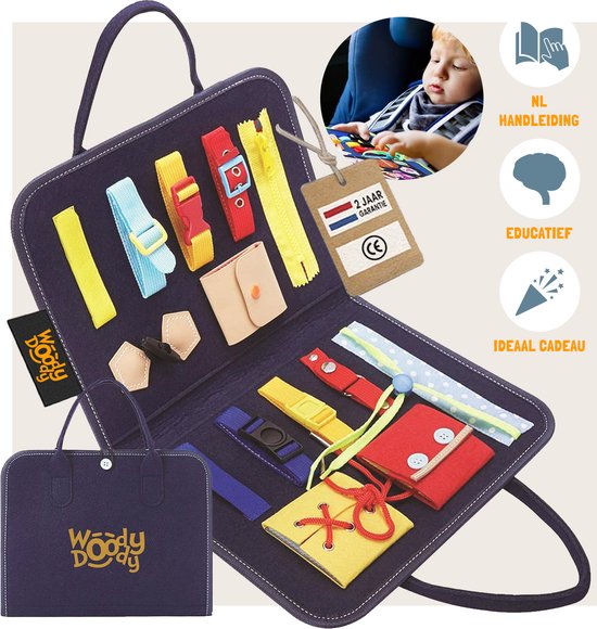 WoodyDoody Motoriek Map Busy Board voor Thuis en Onderweg - Hoogwaardig met Extra Garantie - Montessori Speelgoed Leren Veter Strikken - Educatieve Puzzel 3 jaar - Activiteitenbord - 16 Vaardigheden - Sensorisch Speelgoed - Educatief Spel van Merkloos
