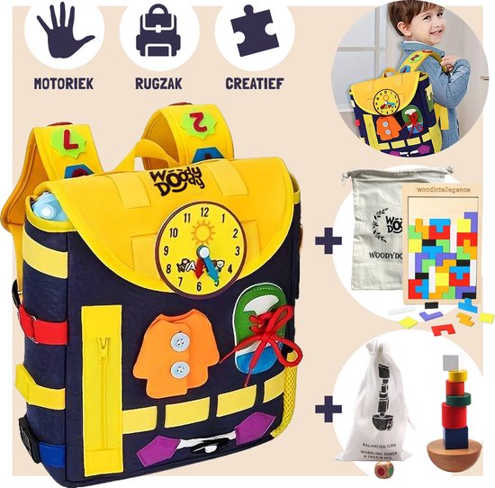 WoodyDoody Motoriek Rugzak voor Peuters met Houten Tetris Puzzel en Houten Balanceertoren Montessori Speelgoed - Activiteiten Rugzak voor Kinderen met Breinbreker Spellen Busy Board Rugzak - 4 delig Leerzame Spellen Educatieve Spellen - Voordeel Set van Merkloos