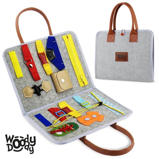 WoodyDoody Motoriek Speelgoed Map - Sensorisch Speelgoed - Busy Board EXTRA DUURZAAM met HOOGWAARDIG LEREN Afwerking - UNISEX Motoriek Speelgoed Montessori Leren Veter Strikken Knopen Leggen Activiteitenbord - Montessori Speelgoed - Educatief Spel van Woody