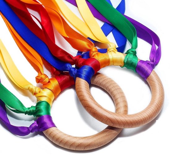 WoodyDoody Regenboog Ring 1 Stuks Buitenspeelgoed Rammelaar Bijtspeelgoed Strandspeelgoed van Hout Speelgoed Ringen met Regenboog Lintjes Speelgoed Kinderen - Houten Speelgoed Baby Peuter Speelgoed van Merkloos