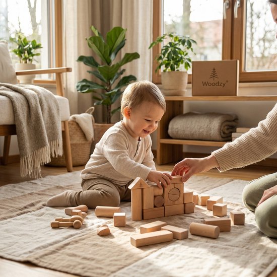 Woodzy Houten Blokkenset 23 Delig – FSC Gecertificeerd – Educatief Speelgoed – Naturel Hout – Voor Peuters & Kinderen – Cadeau van Merkloos