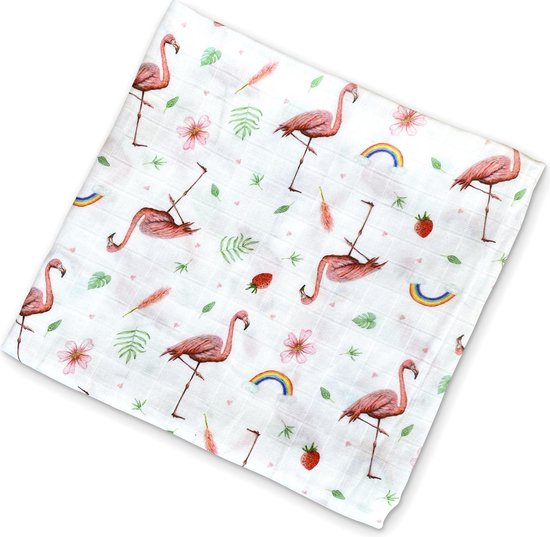 World of Mies hydrofiele doek XL bamboe - flamingo print - 120x120cm van World of Mies