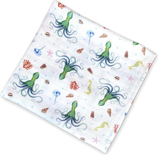 World of Mies hydrofiele doek XL bamboe - octopus print - 120x120cm van World of Mies