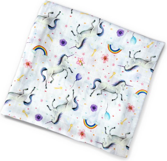 World of Mies hydrofiele doek XL bamboe - unicorn print - 120x120cm van World of Mies