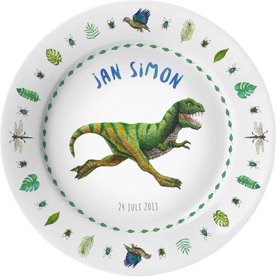 World of Mies kinderbordje met naam - dinosaurus t-rex planten insecten - BPA vrij kunststof - cadeau jongen - Dieren in aquarel - geschilderd door Mies van World of Mies