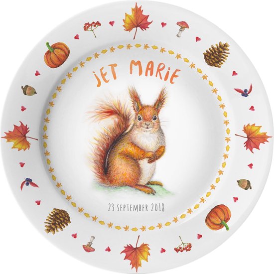 World of Mies kinderbordje met naam - eekhoorn herfst - veilig kunststof - pasgeboren baby - kraamcadeau - Dieren in aquarel - geschilderd door Mies van World of Mies