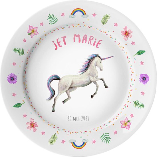 World of Mies kinderbordje met naam - eenhoorn unicorn meisje - veilig kunststof - pasgeboren baby - kraamcadeau - Dieren in aquarel - geschilderd door Mies van World of Mies