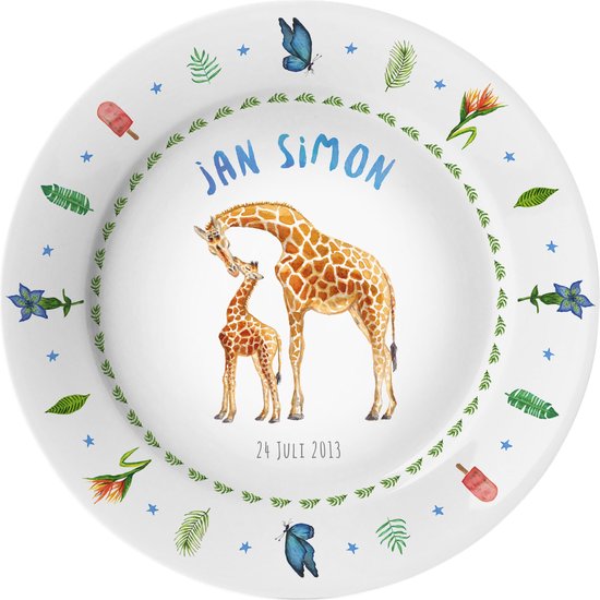 World of Mies kinderbordje met naam - giraf zomer - veilig kunststof - pasgeboren baby - kraamcadeau - Dieren in aquarel - geschilderd door Mies van World of Mies