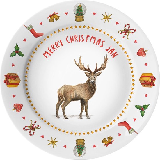 World of Mies kinderbordje met naam - hert kerstmis - veilig kunststof - pasgeboren baby - kerstcadeau - Dieren in aquarel - geschilderd door Mies van World of Mies