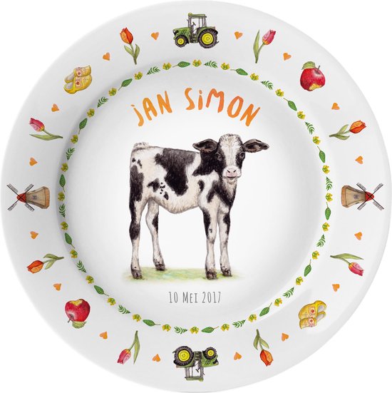 World of Mies kinderbordje met naam - kalfje boerderij - veilig kunststof - pasgeboren baby - kraamcadeau - Dieren in aquarel - geschilderd door Mies van World of Mies