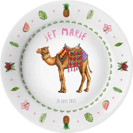 World of Mies kinderbordje met naam - kameel zomer - veilig kunststof - pasgeboren baby - kraamcadeau - Dieren in aquarel - geschilderd door Mies van World of Mies
