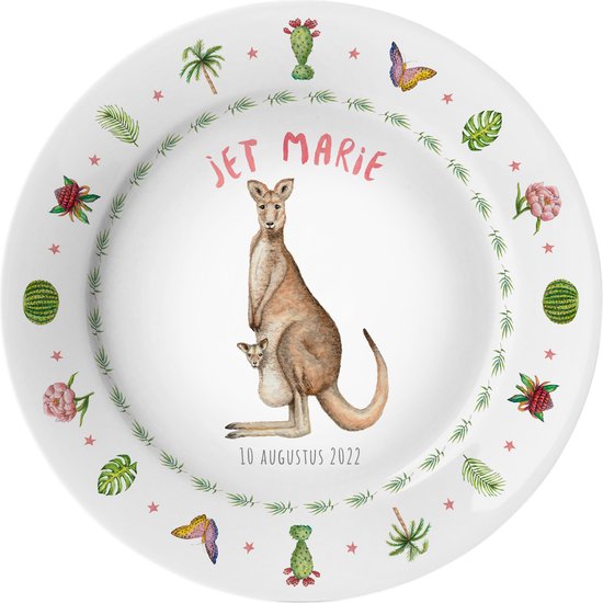 World of Mies kinderbordje met naam - kangoeroe - veilig kunststof - pasgeboren baby - kraamcadeau - Dieren in aquarel - geschilderd door Mies van World of Mies