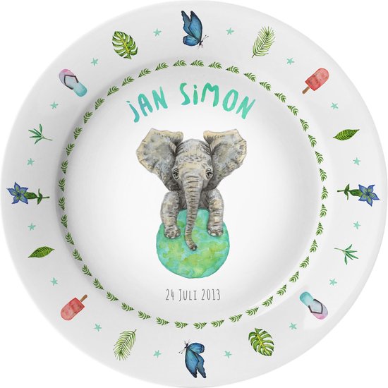 World of Mies kinderbordje met naam - olifant jungle - veilig kunststof - pasgeboren baby - kraamcadeau - Dieren in aquarel - geschilderd door Mies van World of Mies