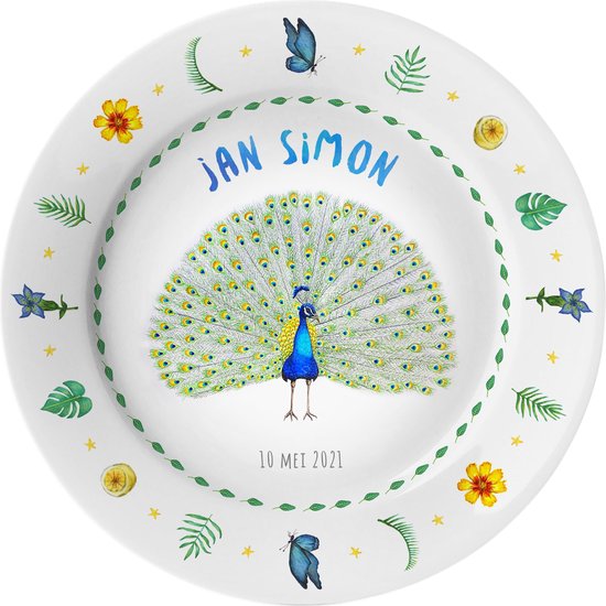 World of Mies kinderbordje met naam - pauw vogel - veilig kunststof - pasgeboren baby - kraamcadeau - Dieren in aquarel - geschilderd door Mies van World of Mies