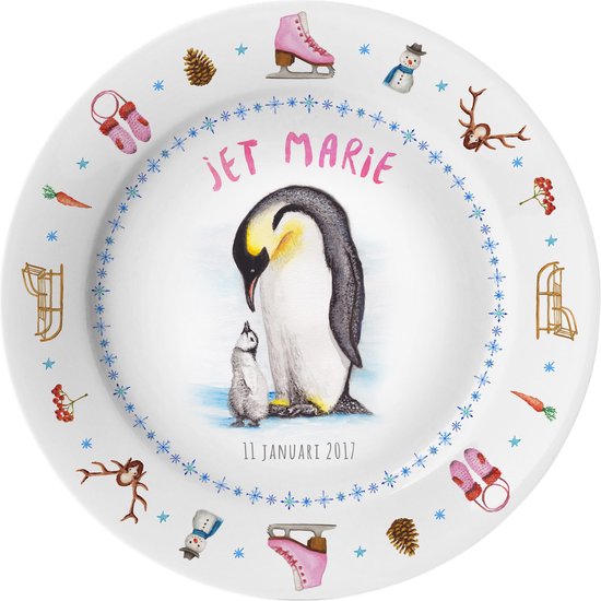 World of Mies kinderbordje met naam - pinguïn winter - veilig kunststof - pasgeboren baby - kraamcadeau - Dieren in aquarel - geschilderd door Mies van World of Mies