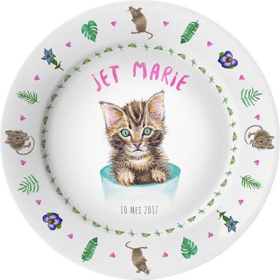 World of Mies kinderbordje met naam - poes muisjes - veilig kunststof - pasgeboren baby - kraamcadeau - Dieren in aquarel - geschilderd door Mies van World of Mies