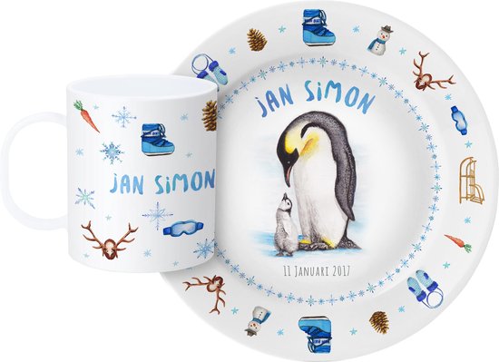 World of Mies Kinderservies met naam en datum - Uniek en persoonlijk eetsetje met bord en beker voor een winterse baby - handgeschilderd gepersonaliseerd kraamcadeau met pinguïns en grappige winterdecoraties - BPA vrij kunststof - dieren in aquarel van World of Mies