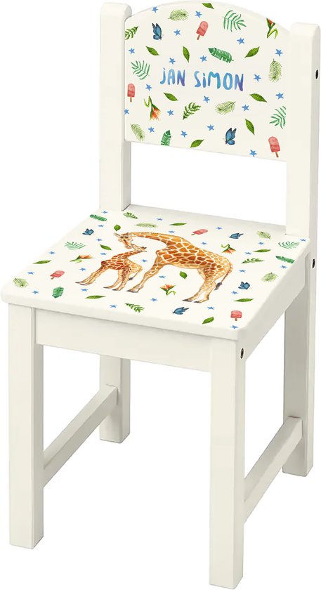 World of Mies kinderstoeltje giraf met naam - Houten stoel - wit Sundvik model - hoogwaardige kleurenprint in het hout - handgeschilderd design door Mies van World of Mies