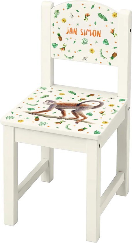 World of Mies kinderstoeltje met naam - Houten stoel aap - wit Sundvik model - hoogwaardige kleurenprint in het hout - handgeschilderd design door Mies van World of Mies
