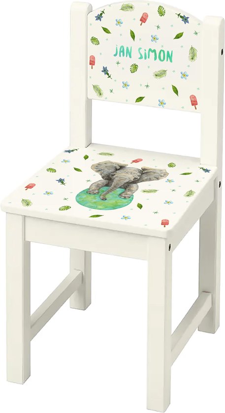 World of Mies kinderstoeltje met naam - Houten stoel olifant - wit Sundvik model - hoogwaardige kleurenprint in het hout - handgeschilderd design door Mies van World of Mies