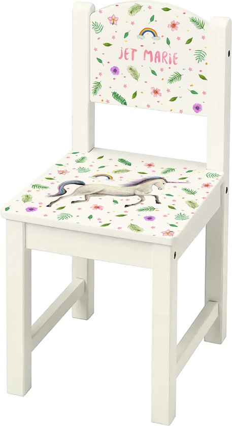 World of Mies kinderstoeltje met naam - Houten stoel unicorn - wit Sundvik model - hoogwaardige kleurenprint in het hout - handgeschilderd design door Mies van World of Mies