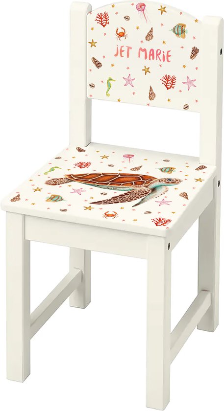 World of Mies kinderstoeltje met naam - Houten stoel zeeschildpad - wit Sundvik model - hoogwaardige kleurenprint in het hout - handgeschilderd design door Mies van World of Mies