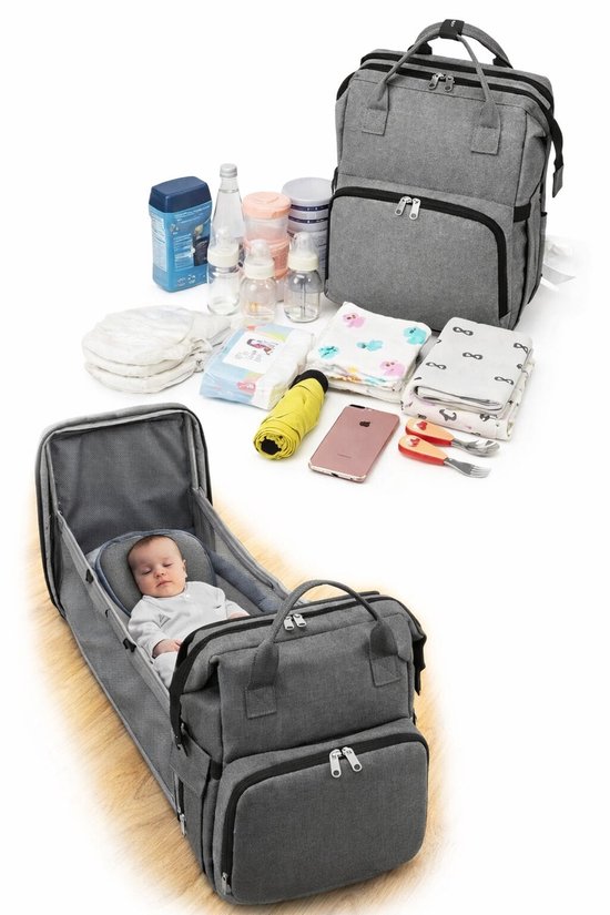 Worldstar Products © Luiertas Baby Verzorgingstas Grijs Met Opvouwbaar Bed Waterdichte Luiertas Met Thermische Vakken En Kinderwagen Bevestiging