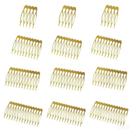 XCSJ 12 stuks metalen zijkammen, 5, 10, 12, 14 tanden, haarkammen, doe-het-zelf haarkammen, bruid, bruiloft, kam voor sluier, haarkammen voor vrouwen, meisjes, doe-het-zelf haaraccessoires, goud
