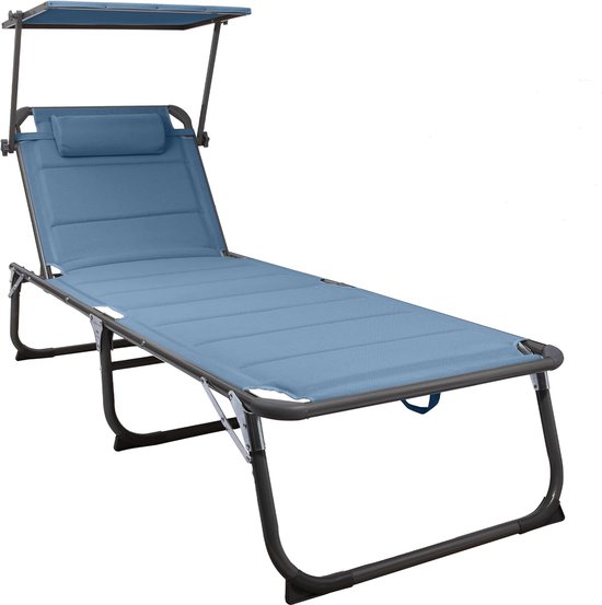 XXL aluminium ligstoel met zonnedak, strandbed met drie poten, 200x70 cm, maximale belasting 150 kg, blauw textileen, sneldrogend schuim van TecTake
