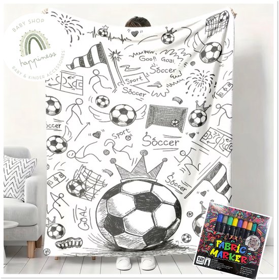 XXL Kleurdeken Voetbal - Fleece deken DIY - Fleece deken om zelf in te kleuren - met stiften - Thema voetbal - Voor echte voetbal fans