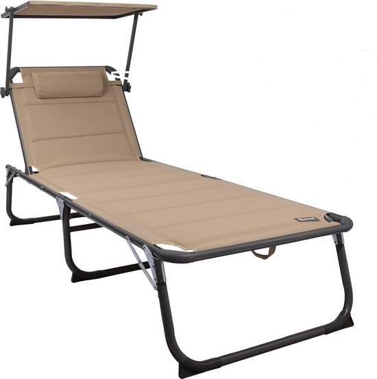 XXL ligstoel van aluminium met zonnedak, strandbed met drie poten, 200 x 70 cm, maximale belasting 150 kg, zandtextileen, sneldrogend schuim van Homecall