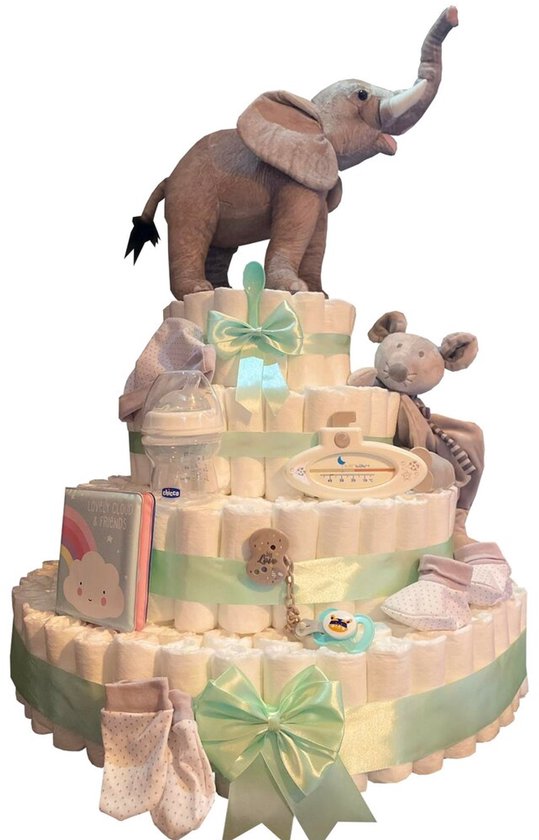 XXL Luiertaart “Olifant” - Handgemaakte Pampertaart met 341 Pampers van LuierTaartShop
