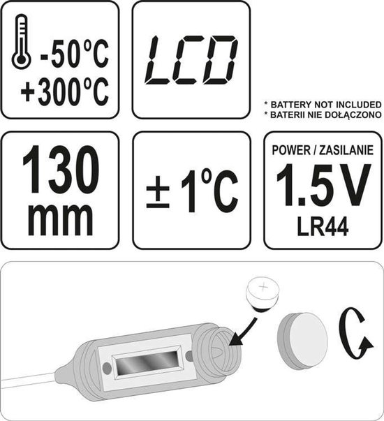 Yato YT-72971 - Badthermometer - Elektronisch - Sondemeter - Batterijgevoed