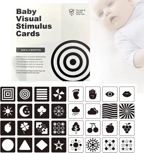 Ychee - Baby's / Kinderen Visuele Stimulatie Kaarten - Training Kaarten - 14x14CM - Dubbelzijdig - 20 kaarten/40 afbeelding - 0-3 maanden van Ychee